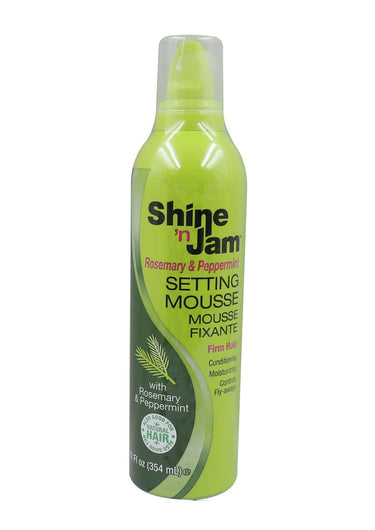 Green bottle of Shine 'n Jam setting mousse on a white background